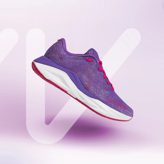 Purple MOVV running shoe with pink accents on a light purple background