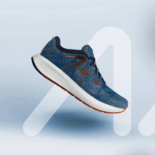Blue MOVV running shoe with white sole on a light blue background